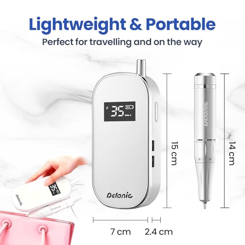 Delanie Electric Nail Drill 35000 RPM, Portable E File for Nails Professional with Belt Clip, Rechargeable Electric Nail File for Acrylic and Gel Nails, Efile Nail Machine with bits kit for Manicure