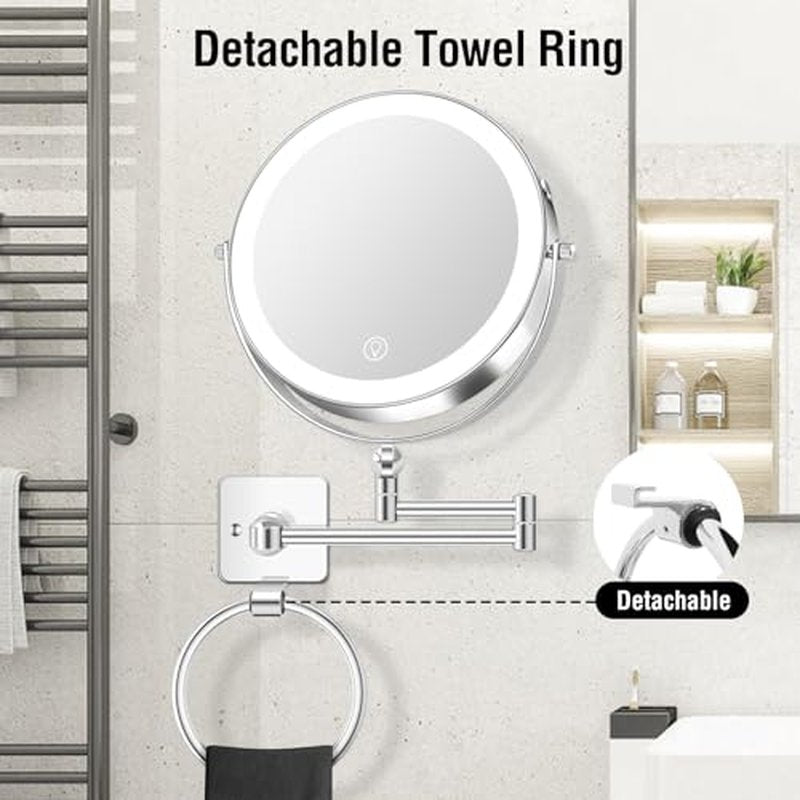10x Large Wall Mounted Makeup Mirrror, Height Adjustable Lighted Mirror, 8" Double Sided Mirror, 1X/10X Magnifying Bathroom Mirror, 360¡Æ Rotation Adjustable, Detachable Ring, 3 Color Lights