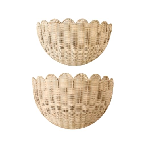 Large & Middle Scalloped Wicker Wall Basket Set - Handwoven Boho Rattan Wall Decor & Storage