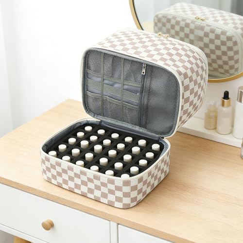 KhaKi Checkered Nail Polish Organizer Bag Holds 30 Bottles 2-Layer Travel Case