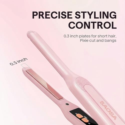 Pink Mini Flat Iron for Short Hair - 0.3 Inch Dual Voltage Hair Straightener & Curler