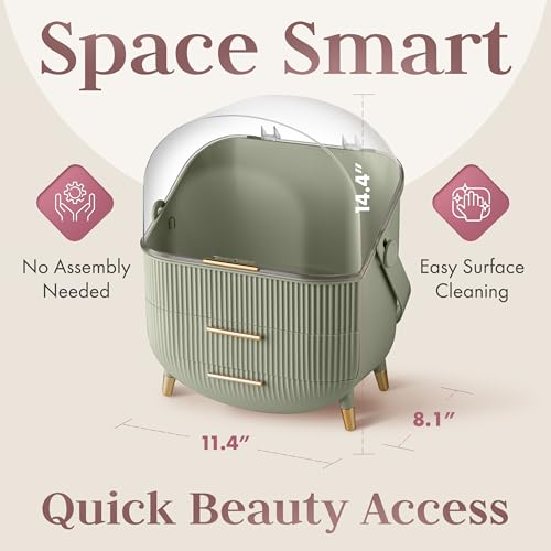 Large Clear Makeup Organizer with Lid & Drawers - Green Variation of Trendy Oval Storage