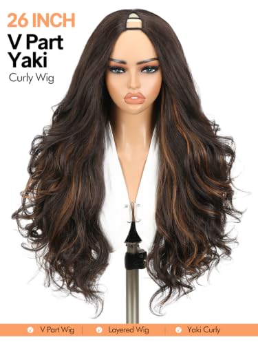 Highlight Brown Layered Yaki Curly Half Wig with V Part Design for Women