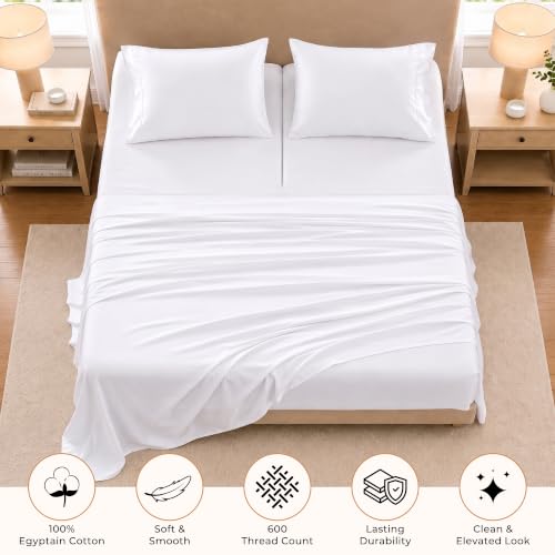 King Split Head Flex Top Bed Sheet Set - 100% Egyptian Cotton, 600 Thread Count, Adjustable Fit - White Solid (34 Inch Split) - 4 Piece