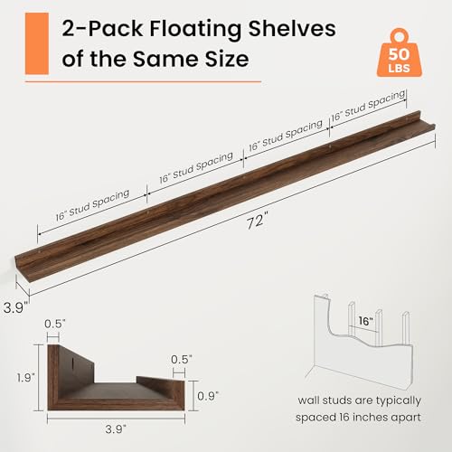 Walnut 72-Inch Picture Ledge Shelf Set of 2 - Floating Wall Shelves for Photos & Display