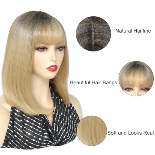 Refined Hair 14 Inch Ombre Blonde Short Straight Bob Wig with Bangs for Women