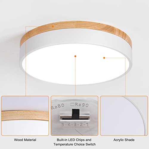 Dimmable Wooden LED Flush Mount Ceiling Light - White, 11.8 Inch, 5 Color Temps