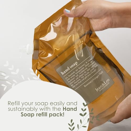 Jean & Len Hand Soap Rosemary & Ginger, gently cleanses stressed hands, suitable for daily use, liquid soap in pump dispenser, fresh and spicy fragrance 8.45 Fl. Oz.