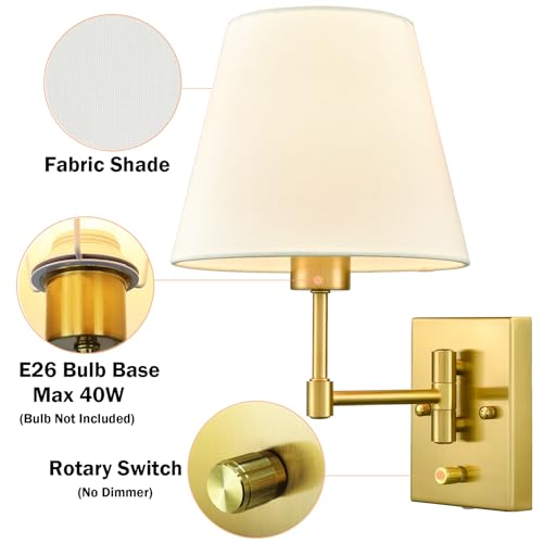 Gold Wall Sconces Set of Two - Modern Plug-In Swing Arm Lamps with Linen Shades