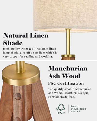 Ash Wood Brown Floor Lamp with Remote Control - Dimmable Tripod Standing Lamp for Living Room & Bedroom