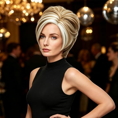 Short Blonde Brown Wavy Wig for Women - Layered Curly Costume Hair with Gold & White Mix Variation
