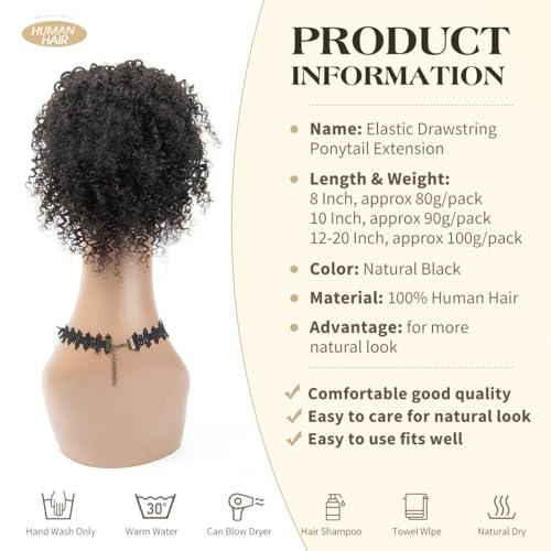Human Hair Ponytail Extension for Black Women 4C Kinky Curly 8 Inch