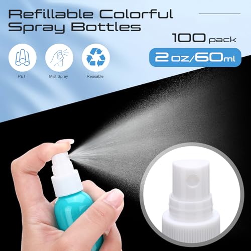 LemonRoad 100 Pack 2 oz Plastic Spray Bottles Colorful Fine Mist Spray Bottle 60 ml Small Refillable Liquid Containers for Travel Essential Oils, Perfumes, Cosmetics, Alcohol