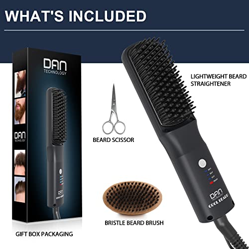Beard Straightener for Men, Tourmaline Ceramic Heated Beard Brush with Anti-Scald Feature for Medium to Long Beards, 3 Temperature Settings, Beard Grooming Gift Kit for Men