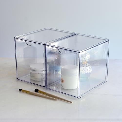 Youngever 2 Pack Large Stackable Organizer Drawers, Stackable Makeup Organizer, Stackable Makeup Storage, Clear Cosmetic Organizers, Makeup Organizer Drawers (6" x 8" x 7")