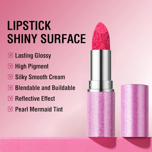 Erinde Metallic Glitter Lipstick for Women, Long Lasting Sparkle Lipsticks, High Shine Diamond Creamy Lipstick Lipcolor Makeup, Hydrating Glimmer Finish, Sparkling Lip Gloss, 04 Hot Pink