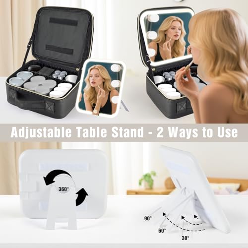 Junyaoxuan Large Travel Makeup Bag with LED Lighted Mirror, Removable & Adjustable Compartments, Black
