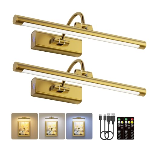 Brass 16-Inch Rechargeable Picture Light - Wireless Art Display Lighting with Remote