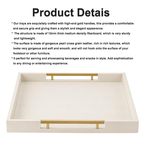 Large Beige Faux Leather Serving Tray with Handles - 20x20 Inches, Stylish Ottoman & Coffee Table Decor