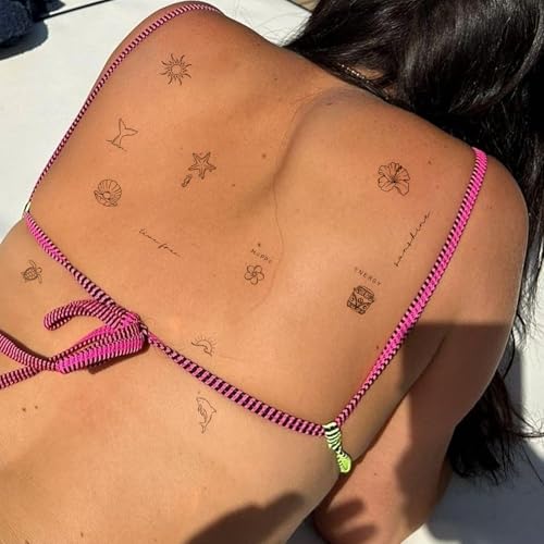 Semi Permanent Tattoo, Tropical Tiny Temporary Tattoo Designs(Shells, Starfish, Turtles, Dolphin, Hibiscus), Waterproof & Non-Reflective, Lasts 1?2 Week, for Vacation, Party, Festival