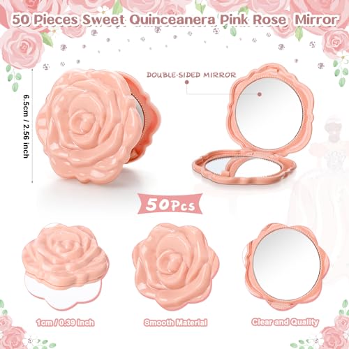 Pink Rose Compact Mirrors Party Favors - 50 Sets for Quinceañera & Sweet 16 - Elegant Guest Gifts