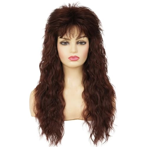 Brown Long Curly Wig for Women - 70s 80s Rocker Punk Style with Bangs, Synthetic Fiber, Halloween & Party Costume