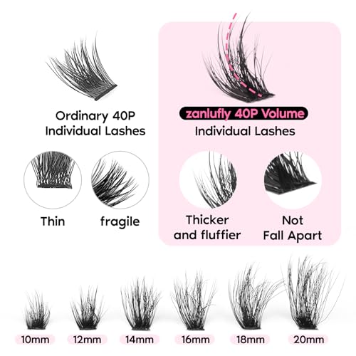 zanlufly Volume Lashes Extension Kit 20MM Mink Lashes Clusters Individual Lashes with Lash Bond and Seal and Applicator Thick Eyelashes Extension Kit