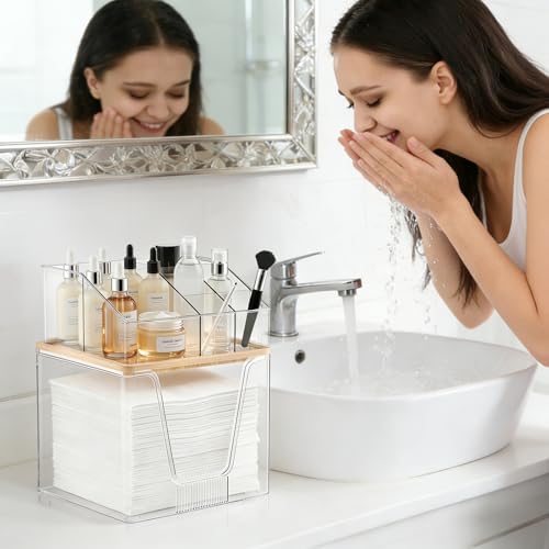 Clear 2 Pack Disposable Facial Towel Holder & Cosmetic Organizer with Bamboo Lid