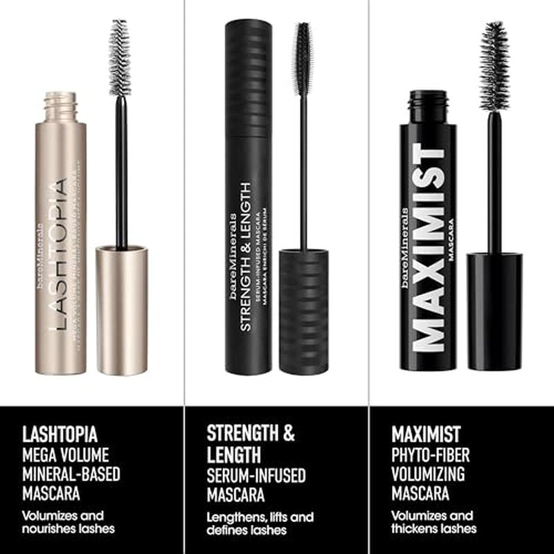 bareMinerals Lashtopia Mega Volume Mineral-Based Black Mascara, 10X More Volume, Whipped Mousse-Like Formula, Fanned-Out Fullness, Nourishes & Conditions Lashes, Clump- & Flake-Resistant, Vegan