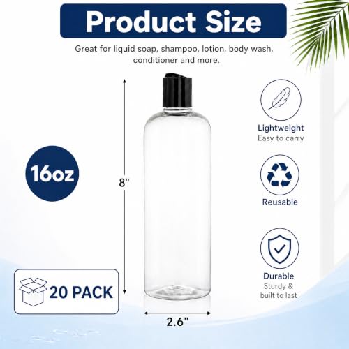 20-Pack 16oz Clear Refillable Travel Bottles with Flip Top Caps - BPA Free