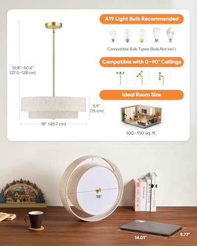 Modern Drum Chandelier - 18 Inch Linen Pendant Light with Brushed Gold Finish - 4-Light
