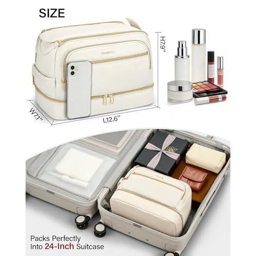 Hanke Travel Toiletry Bag, Lightweight Wide-open Makeup Bag, Dual-Layer Travel Bag for Toiletries Water-Resistant Cosmetic Bags Large Toiletry Bags for Women & Men, Travel Essentials, Off White
