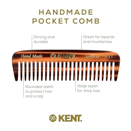Kent 93T Tortoiseshell Beard Comb for Men - Wide Tooth Men's Comb, Ideal For Mustaches and Beards and Facial Hair, Small Pocket Sized Travel Detangler Combs, Saw-Cut, Hand Polished, Made in England