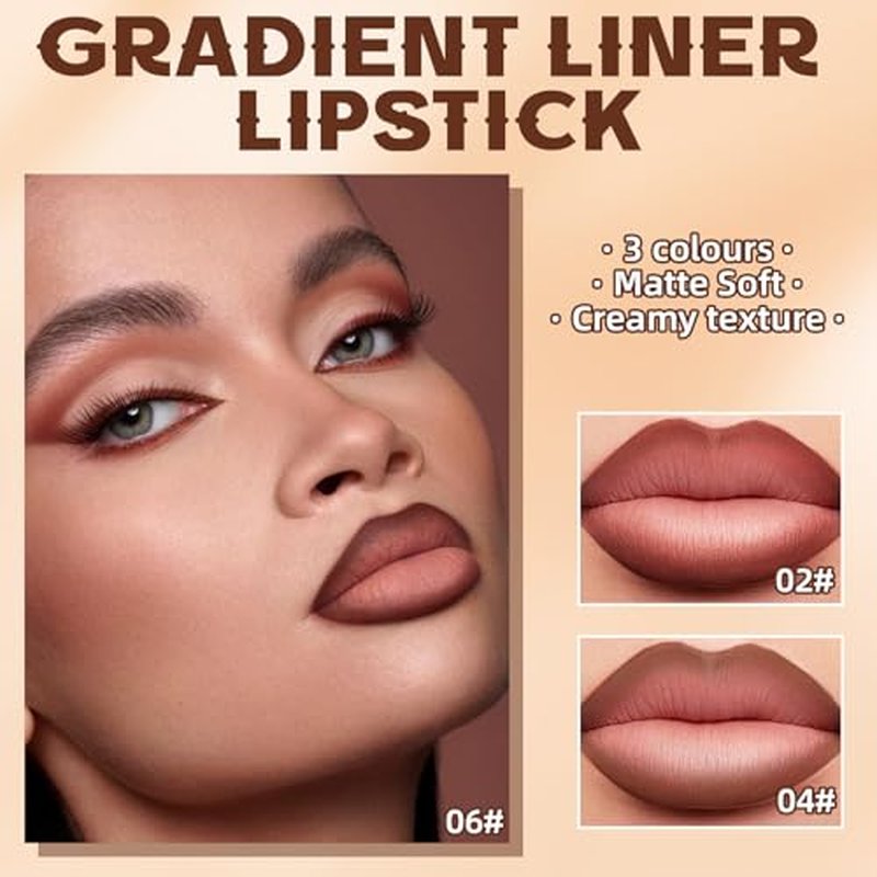 3 Colors 2 in 1 Lip Liner Set, Matte Nude Dark Brown Red Lip Liner Plumping Smooth Creamy Lip Pencil, High Pigmented Long lasting Light Brown Lipstick Makeup