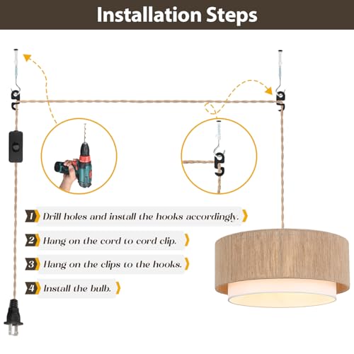 Buovikalo Brown & White Rattan Plug-In Pendant Light, 18” Boho Chandelier with Hemp Rope Shade