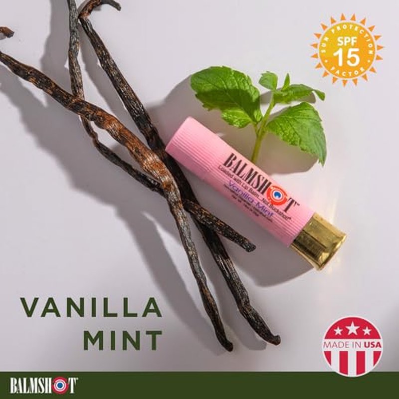 BALMSHOT Lip Balm (2-Pack) of Classic & Pure Pink Vanilla Mint - SPF 15, Beeswax Chapstick for Dry Chapped Lips, 20-Gauge Brass Shotgun Shell Tube, Long Lasting Lip Moisturizer, Made in USA