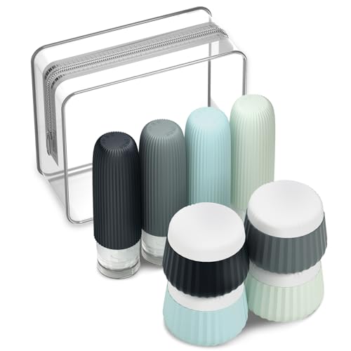 Travel Bottles and Jars Set - 3oz Leak-Proof Silicone Containers with Clear Bag - Black & Gray