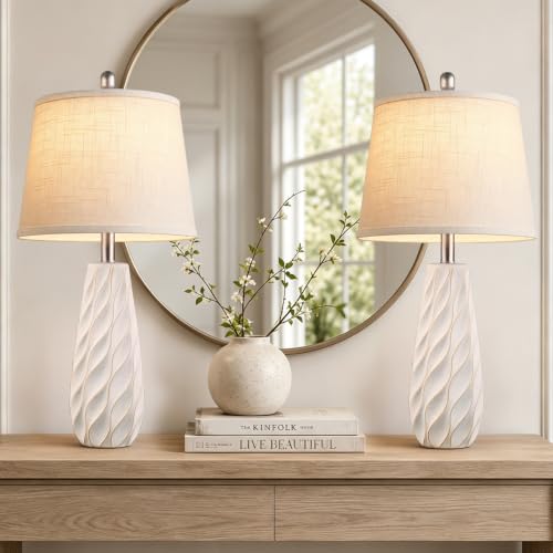 27-Inch Ceramic Table Lamps Set of 2 with Bulbs - White Coastal Modern Design