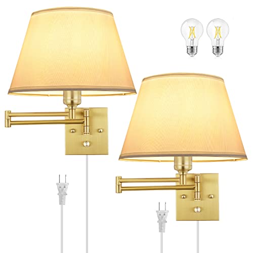 Gold Dimmable Wall Sconce Set of 2 - Large Swing Arm Wall Lights with Plug-In Cord