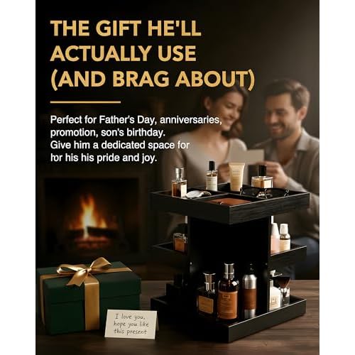 Cologne Organizer for Men - 360¡Æ Rotating Wood Perfume Organizer & Cologne Stand | 9-Compartment Dresser & Bathroom Display for His & Her Skincare | Gift for Husband & Dad (Black)