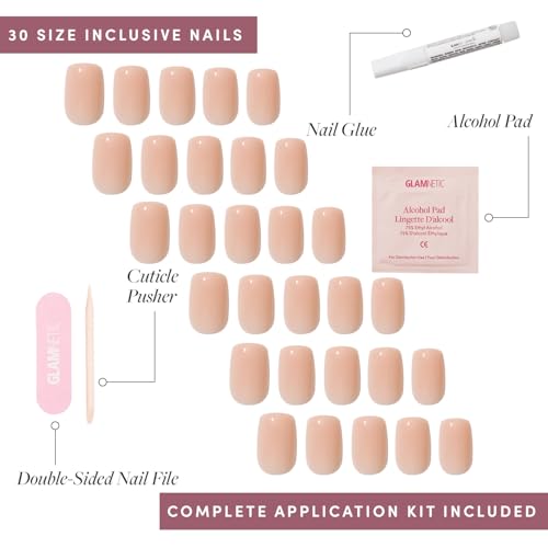Glamnetic x GLAMZILLA Press On Nails - FOR THE ¡°IT¡± GIRLS | Short Squoval Nude Fake Nails, Semi-Transparent, Salon Quality, Everyday | 15 Sizes - 30 Nail Kit with Glue