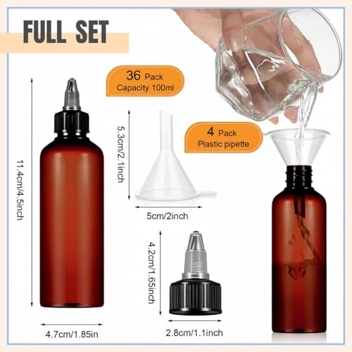 3 oz Amber Hair Oil Applicator Bottles - 36 Pack with Funnels and Twist Caps
