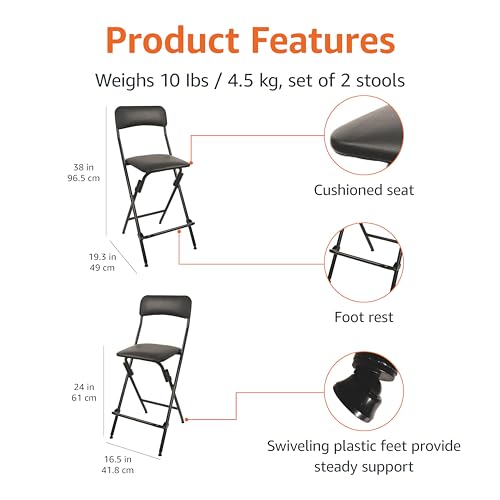 2 Pack Folding Bar Stools with Footrest, 24" Black Portable Seat Set of 2
