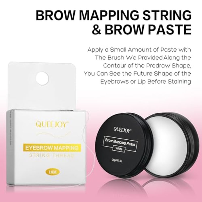 Eyebrow Mapping Kit with White Brow Mapping String, White Mapping Brow Paste, 2 Eyebrow Brush and 5D Soft Silicon Practice Silicone Lips Skin, Create Flawless Eyebrow Shape and Lip Mapping Practice