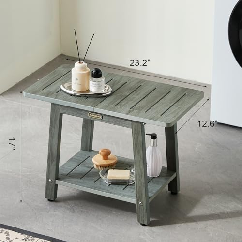 Gray Waterproof Shower Bench Seat with Storage Shelf - No-Slip Bathroom Foot Rest