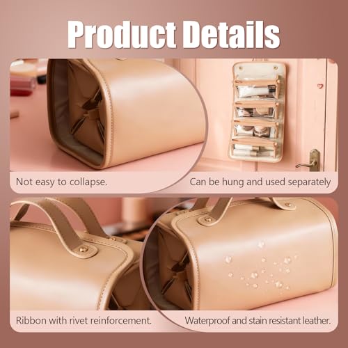 Large Expandable Makeup Bag, 4-in-1 Waterproof Makeup bag, Cosmetic Bag with Detachable Interior Pockets, Ideal for Women Travel Essentials(Brown)
