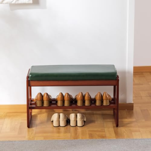 Solid Wood Shoe Bench with Cushion - Green, 31.5 Inch Entryway Organizer