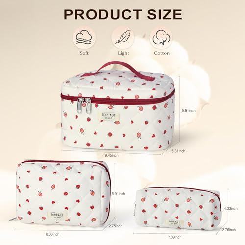 TOPEAST Makeup Bag, Large Quilted Cosmetic Bag, Big Floral Make Up Bag for Women Girls, Cute Cotton Makeup Bag Set, Flower Travel Toiletry Organizer Bag, Zipper Portable Cosmetic Pouch