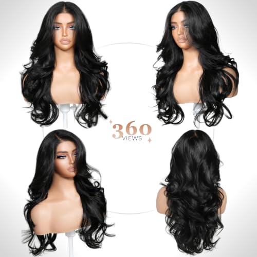 BrownBomb 26-Inch Feather Layered Body Wave Synthetic Wig with 13x6 HD Lace Frontal and Curtain Bangs