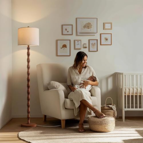 62-Inch Rustic Farmhouse Floor Lamp with Remote & Dimmable Bulb - Warm Brown